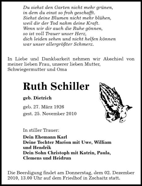 Ruth Schiller Traueranzeige Sächsische Zeitung