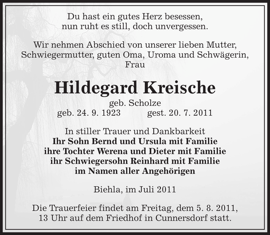 Hildegard Kreische Traueranzeige S Chsische Zeitung