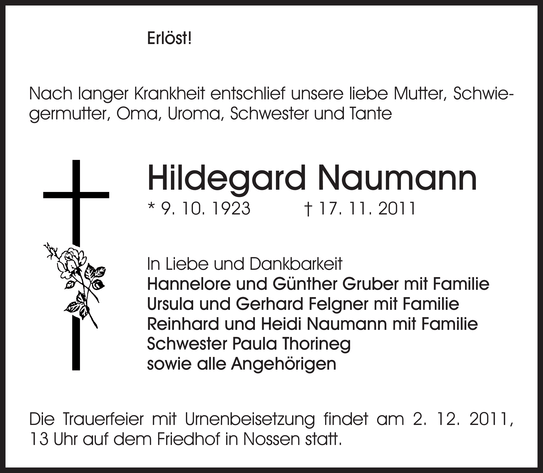 Hildegard Naumann Traueranzeige S Chsische Zeitung