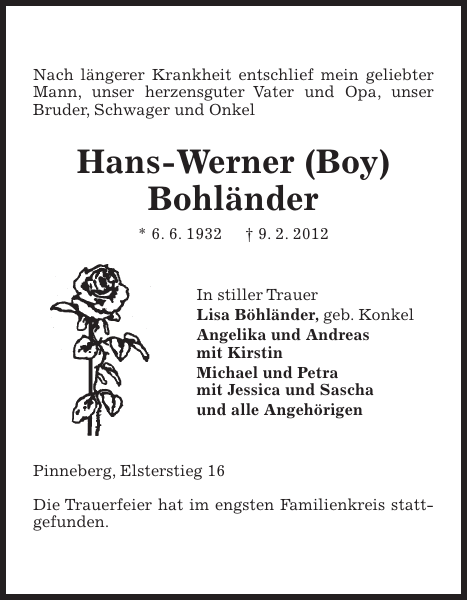 Hans Werner Boy Bohl Nder Traueranzeige Pinneberger Tageblatt