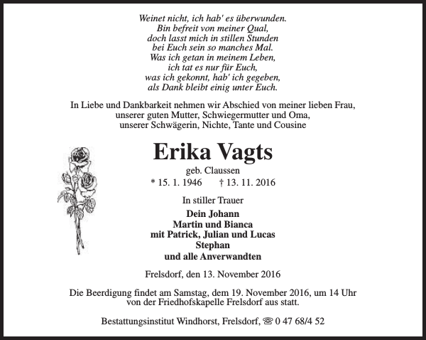 Erika Vagts Gedenken Nordsee Zeitung