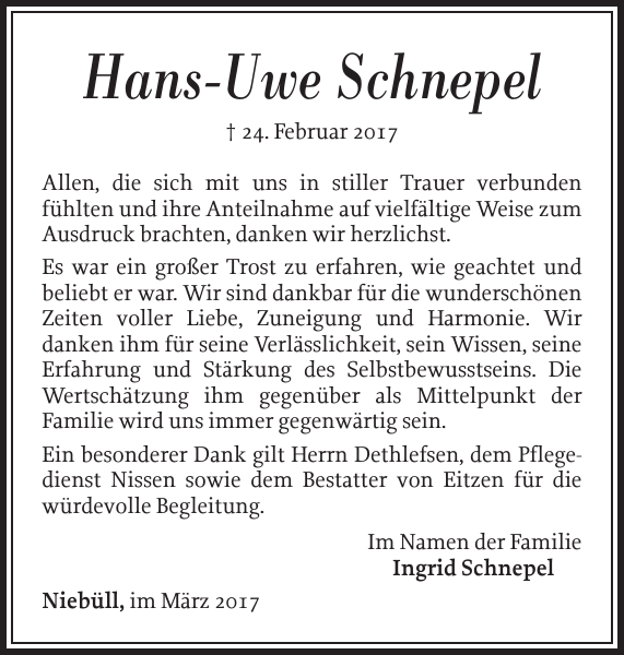 Hans Uwe Schnepel Danksagung Nordfriesland Tageblatt