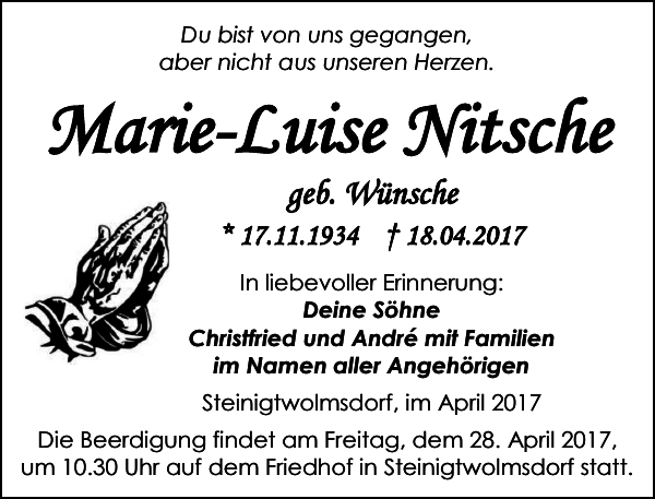 Marie Luise Nitsche Traueranzeige S Chsische Zeitung