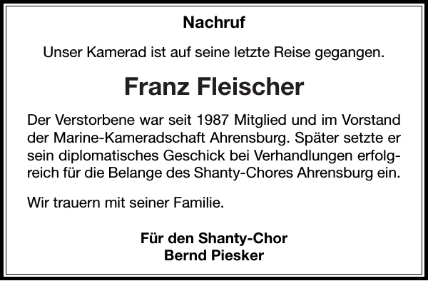 Franz Fleischer Gedenken Stormarner Tageblatt