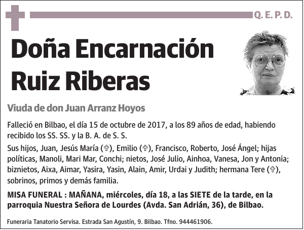 Esquela de Encarnación Ruiz Riberas Fallecimiento Esquela en El Correo