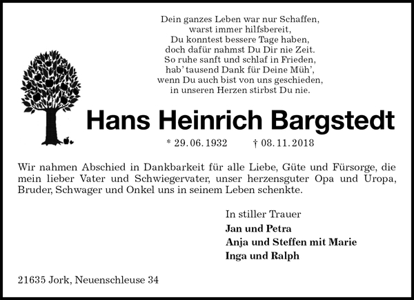 Hans Heinrich Bargstedt Traueranzeige Stader Tageblatt