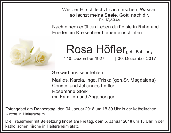 Rosa H Fler Traueranzeige Badische Zeitung