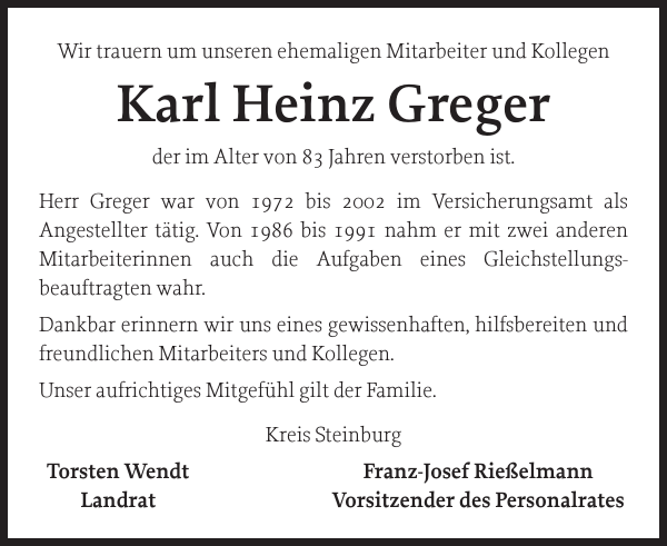 Karl Heinz Greger Gedenken Norddeutsche Rundschau