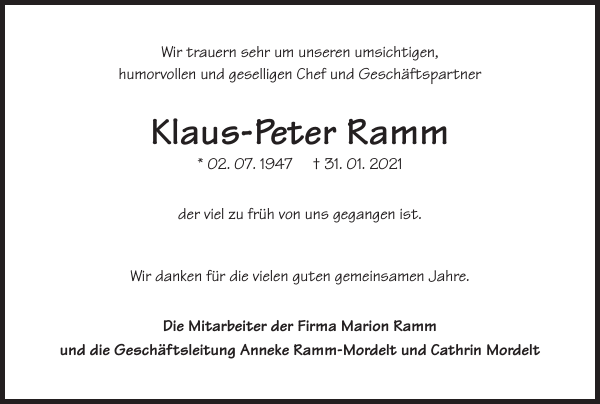 Klaus Peter Ramm Traueranzeige Badische Zeitung