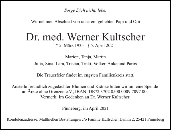 Dr Med Werner Kultscher Traueranzeige Pinneberger Tageblatt