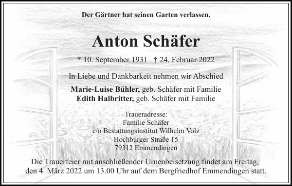 Anton Sch Fer Traueranzeige Badische Zeitung