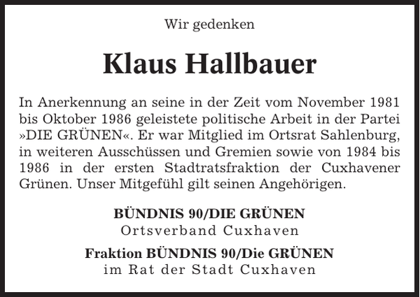 Klaus Hallbauer Gedenken Cuxhavener Nachrichten