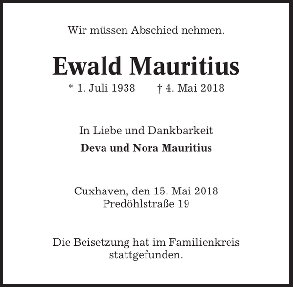 Ewald Mauritius Traueranzeige Cuxhavener Nachrichten