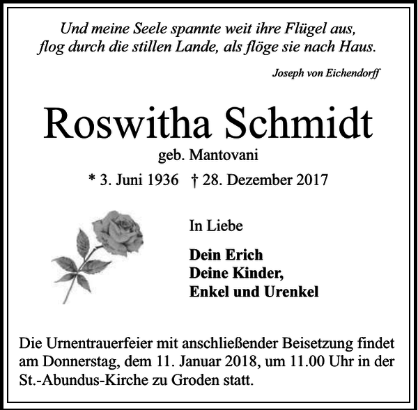 Roswitha Schmidt Traueranzeige Cuxhavener Nachrichten