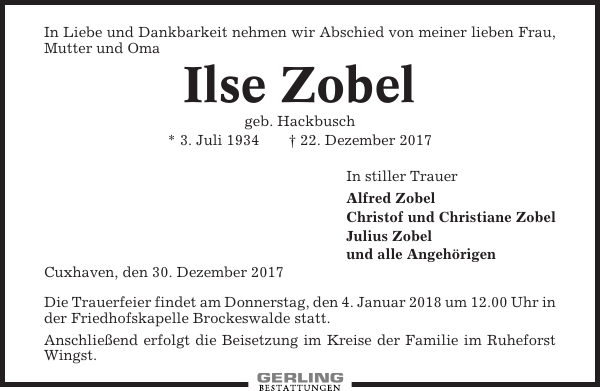 Ilse Zobel Traueranzeige Cuxhavener Nachrichten