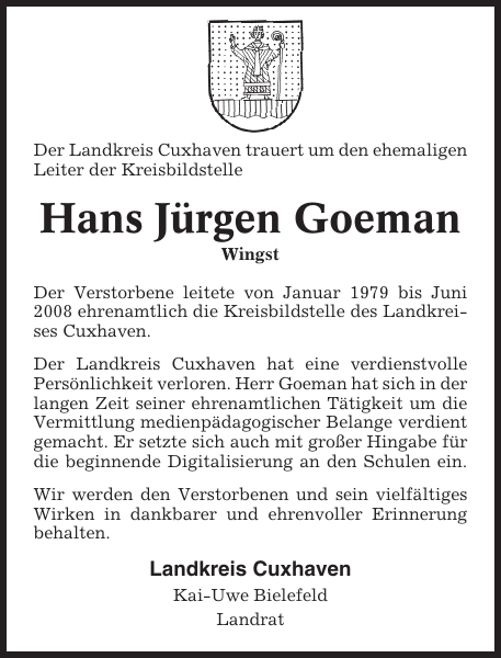 Hans J Rgen Goeman Gedenken Cuxhavener Nachrichten