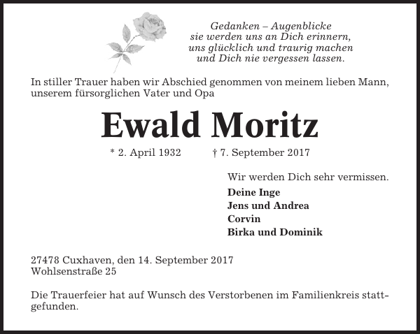 Ewald Moritz Traueranzeige Cuxhavener Nachrichten