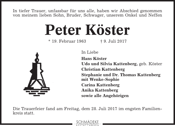 Peter Köster Traueranzeige Cuxhavener Nachrichten