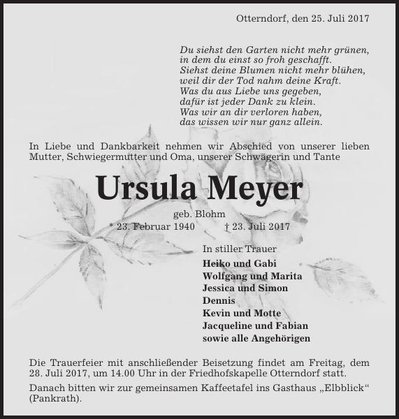 Ursula Meyer Traueranzeige Cuxhavener Nachrichten