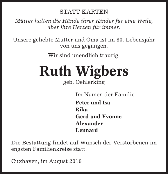 Ruth Wigbers Traueranzeige Cuxhavener Nachrichten