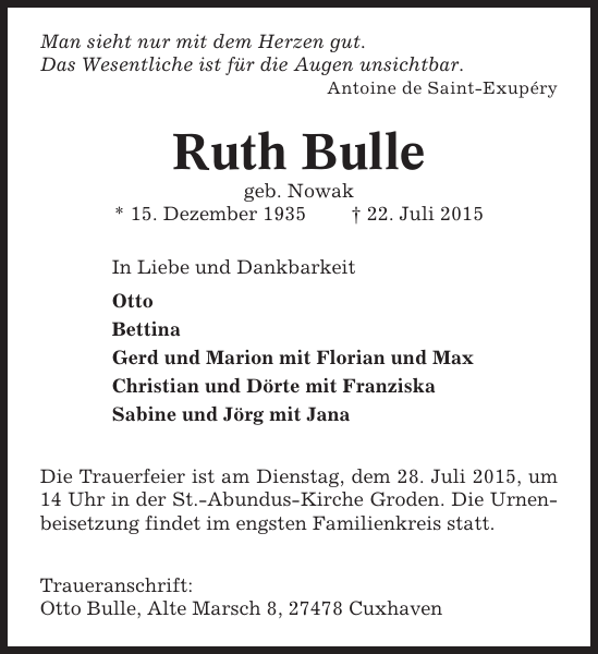 Ruth Bulle Traueranzeige Cuxhavener Nachrichten