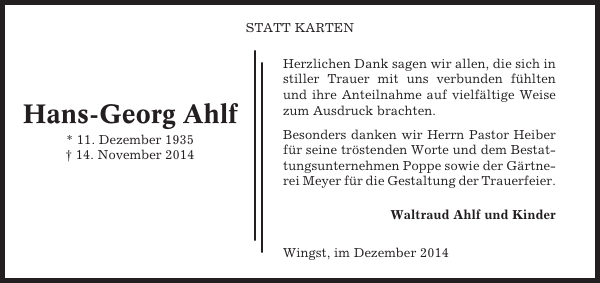 Hans Georg Ahlf Danksagung Cuxhavener Nachrichten