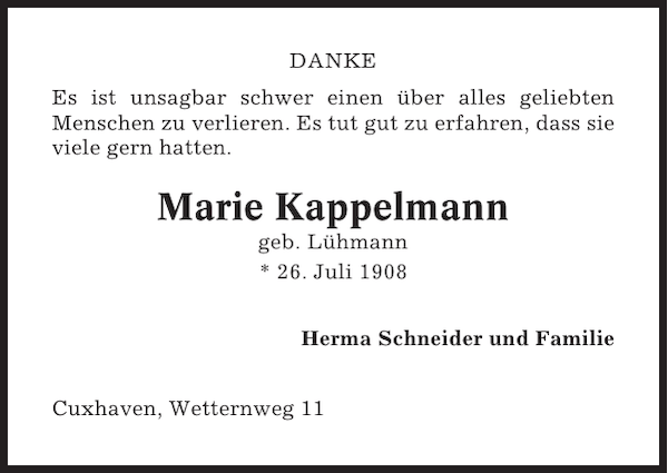 Marie Kappelmann Danksagung Cuxhavener Nachrichten