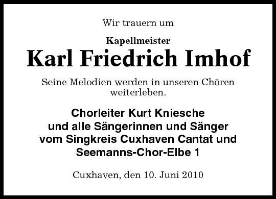 Karl Friedrich Imhof Gedenken Cuxhavener Nachrichten