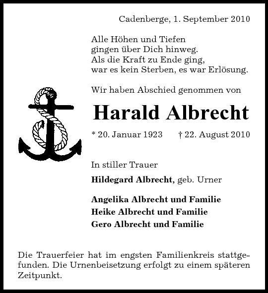 Harald Albrecht Traueranzeige Cuxhavener Nachrichten