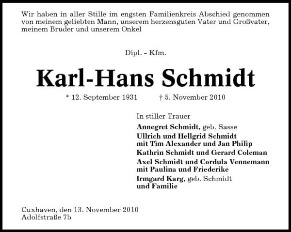 Karl Hans Schmidt Traueranzeige Cuxhavener Nachrichten