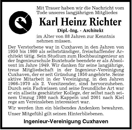 Karl Heinz Richter Traueranzeige Cuxhavener Nachrichten