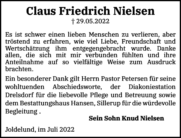 Claus Friedrich Nielsen Danksagung Husumer Nachrichten