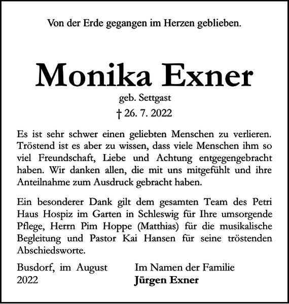 Monika Exner Danksagung Schleswiger Nachrichten