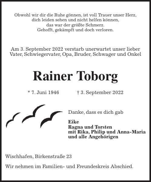 Rainer Toborg Traueranzeige Stader Tageblatt