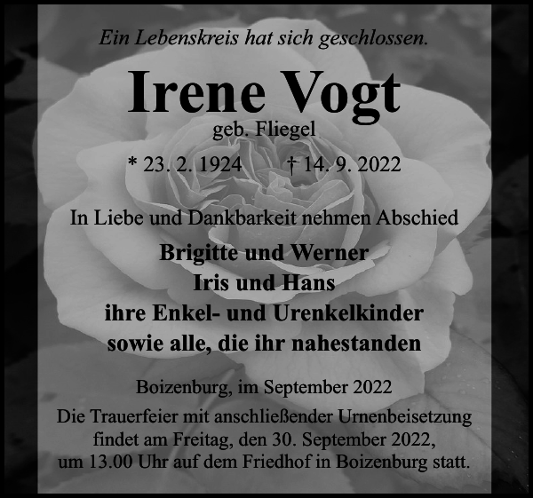 Irene Vogt Traueranzeige Hagenower Kreisblatt