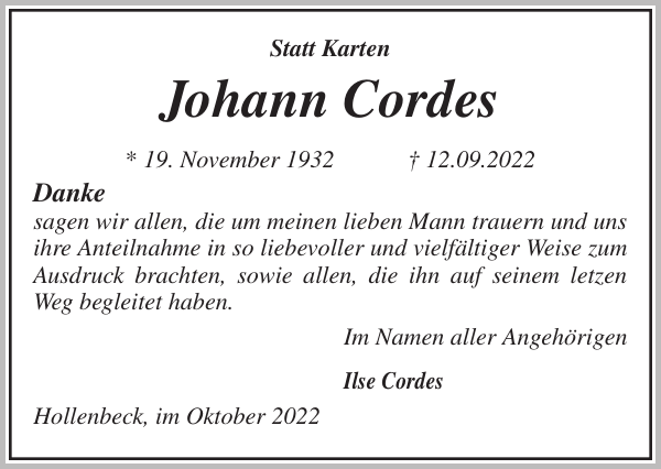 Johann Cordes Danksagung Stader Tageblatt