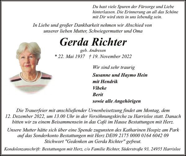 Gerda Richter Traueranzeige Flensburger Tageblatt