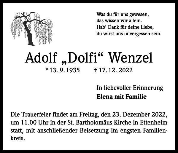 Adolf Wenzel Traueranzeige Badische Zeitung