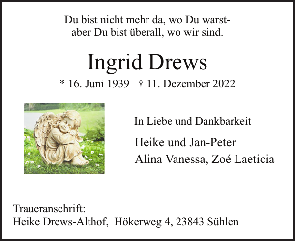 Ingrid Drews Traueranzeige Stormarner Tageblatt