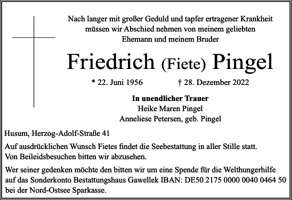 Friedrich Pingel Danksagung Husumer Nachrichten