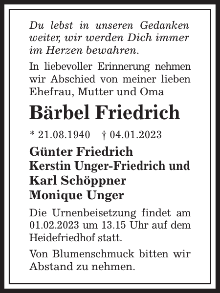 Bärbel Friedrich Traueranzeige Sächsische Zeitung