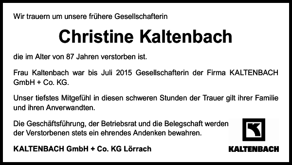 Johanna Christine Kaltenbach Traueranzeige Badische Zeitung