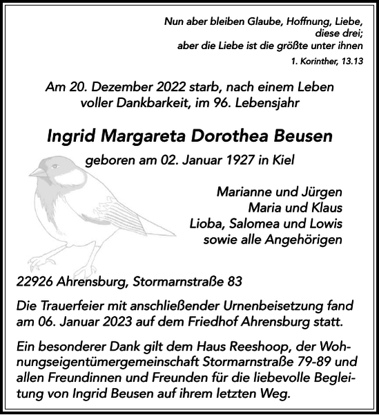 Ingrid Margareta Dorothea Beusen Traueranzeige Stormarner Tageblatt