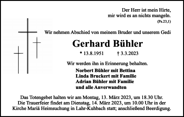 Gerhard Bühler Traueranzeige Badische Zeitung