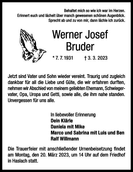 Werner Bruder Traueranzeige Badische Zeitung