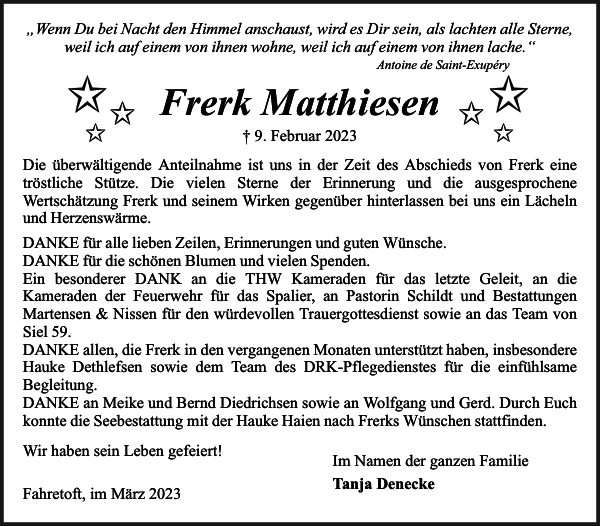 Frerk Matthiesen Danksagung Nordfriesland Tageblatt