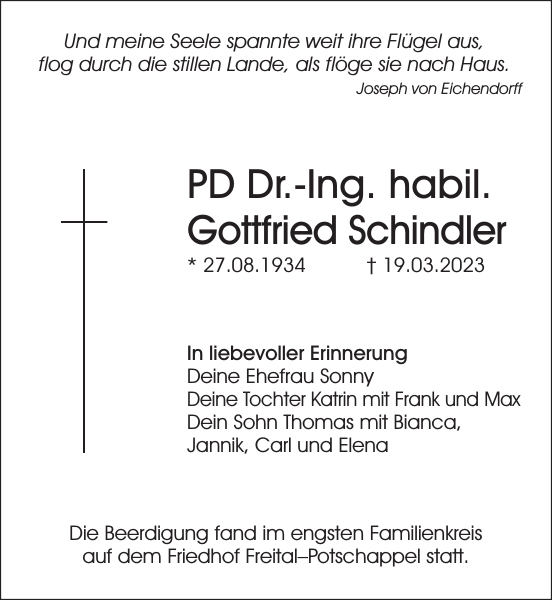 PD Dr Ing habil Gottfried Schindler Traueranzeige Sächsische Zeitung