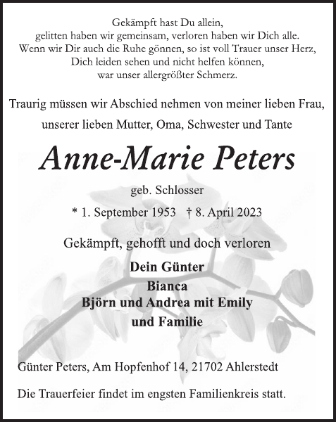 Anne Marie Peters Traueranzeige Stader Tageblatt