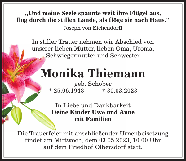 Monika Thiemann Traueranzeige S Chsische Zeitung