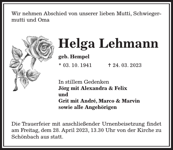 Helga Lehmann Traueranzeige Sächsische Zeitung